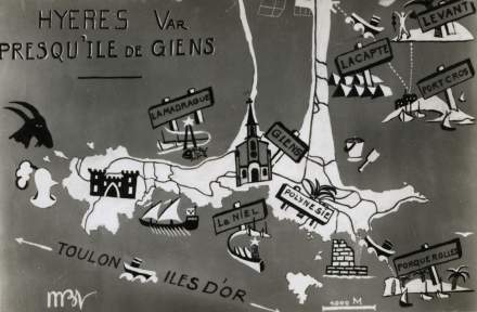 Carte de Giens dessinée en croquis avec des illustrations des villes aux alentours.